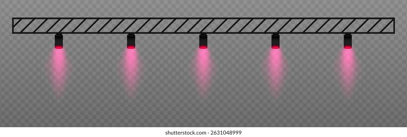 Cálido foco. Luces de techo rectas con suave resplandor dorado. Perfecto para exhibiciones minoristas, exposiciones y configuraciones visuales profesionales sobre fondo transparente.