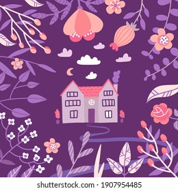 Warm spring night in the village. Hand drawn rustic poster design with old house and huge flowers frame. Cute flat vector illustration