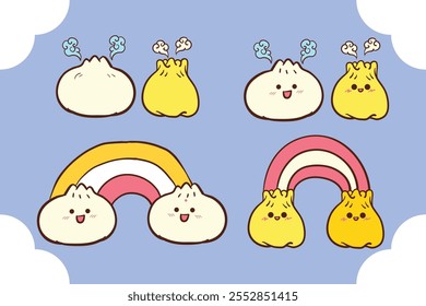 Warm steamed buns dumplings dim sum kawaii cartoon illustration hand drawn