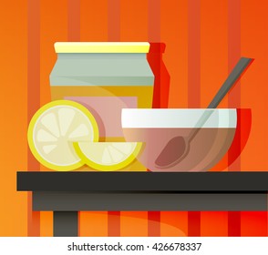 Warm still life with a cup of tea and lemon jam