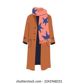 Warm straight long coat and scarf. Fashion casual outerwear clothes for autumn. Women apparel for cold weather, fall season. Stylish garment. Flat vector illustration isolated on white background