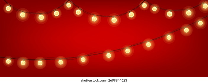 Guirnalda de luces de cadena caliente sobre fondo rojo con Plantilla de Anuncio Horizontal de brillo bokeh para encabezados de Web de marca navideña y diseños de marketing festivos