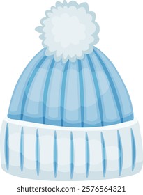 Warm and stylish blue knitted winter hat featuring a fluffy white pompom, providing cozy comfort and insulation during chilly outdoor adventures in the cold season