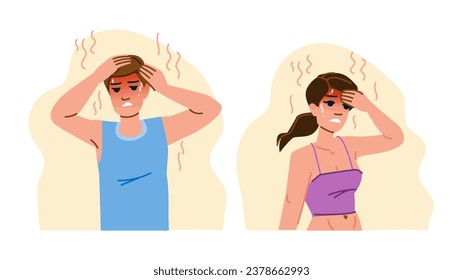 warm suffer from heat vector. summer woman, home hot, sofa pain warm suffer from heat character. people flat cartoon illustration