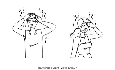 warm suffer from heat vector. summer woman, home hot, sofa pain warm suffer from heat character. people black line pencil drawing illustration