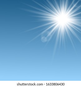 Warm summer days sunlight beams and light flares layout, 3d realistic vector illustration on skiey natural background. Sun rays bright glowing effect template.