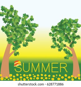 Warm summer landscape with maple trees and dandelions