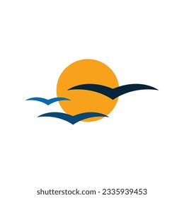 the warm sun behind the flying birds logo vector