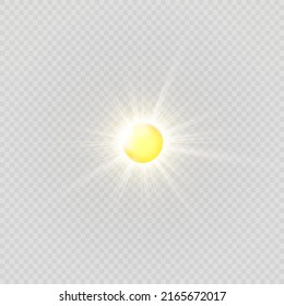 Warm sun on a transparent background. Summer. Glare. Solar rays.