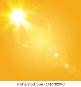 Warm sun on a yellow background. Leto.bliki solar rays.Оrange yellow background.