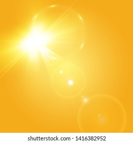 Warm sun on a yellow background. Leto.bliki solar rays.Оrange yellow background.