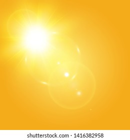 Warm sun on a yellow background. Leto.bliki solar rays.Оrange yellow background.