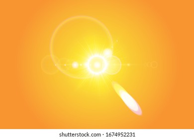 Warm sun on a yellow background. Summer. Glare. Solar rays.