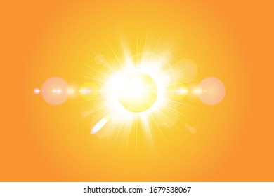 Warm sun on a yellow background. Summer. Glare. Solar rays.