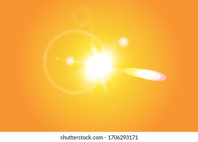 Warm sun on a yellow background. Summer. Glare. Solar rays.