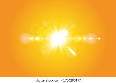 Warm sun on a yellow background. Summer. Glare. Solar rays.