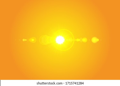 Warm sun on a yellow background. Summer. Glare. Solar rays.