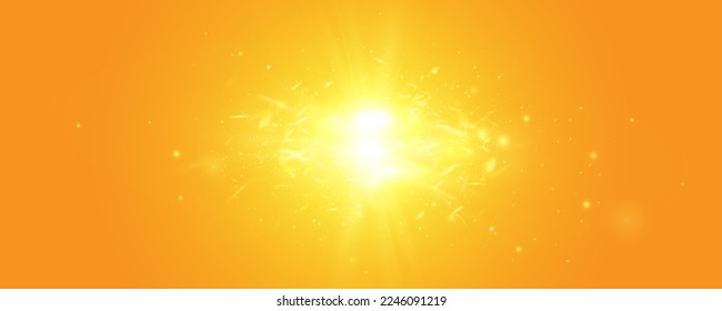 Sol cálido sobre un fondo amarillo. rayos solares. Efecto ligero.