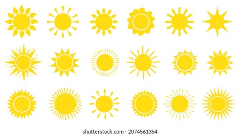 Warm sun symbols. Suns vector icons, natural sunshine symbol set, spring sunny rays pictograms, summer solar weather sunbeams, sunlight signs illustration image. Summer sunlight and warm sun element