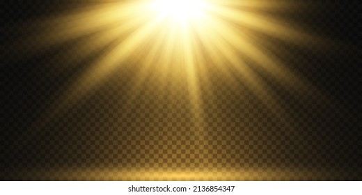 Warm sunbeams light effects isolated on black background. Glare.