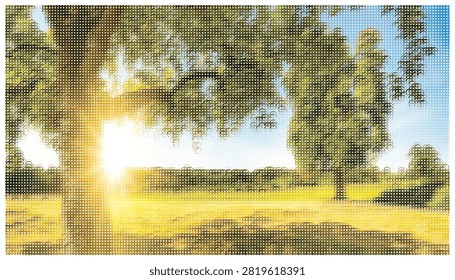 Warm sunlight filtering through branches of old trees in open grassy meadow field idyllic landscape vector illustration for natural summer wallpaper design.