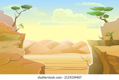 Warm sunrise in desert. Rocks and cliffs with acacias. Desert sand. Landscape of southern countryside. Cool cartoon style. Vector