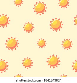 Warm suns seamless pattern. Bright orange lights on pale yellow background high warming up temperature and pleasant after cold winter relaxation on tropical vector beach.