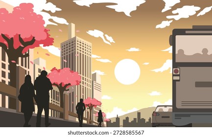 Warm sunset city vector illustration showing pedestrians, cherry blossom trees, buildings, and urban traffic