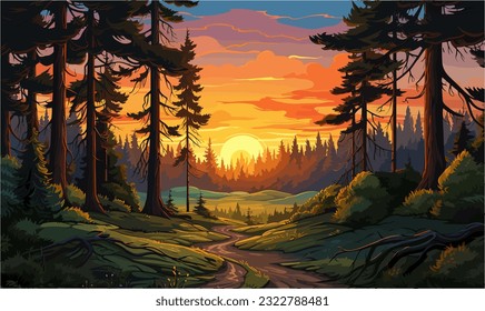 In the warm sunset light, a lovely forest with tall trees and lengthy shadows can be seen