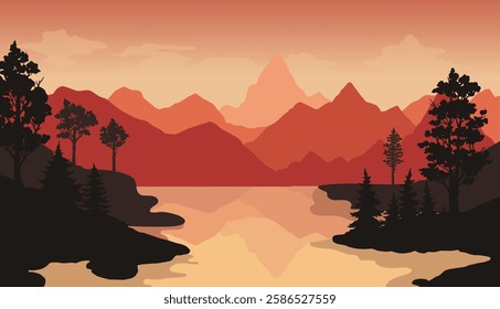 A warm sunset paints the sky in shades of orange and pink. Silhouettes of trees frame the calm lake reflecting the majestic mountains in the distance.