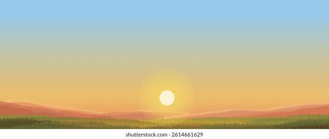 Warm Sunset and Sunrise Sky Over Serene Grassland Landscape with Soft Orange and Yellow Tones in Wide Horizon Background