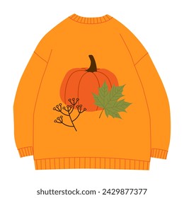 Warm sweater for autumn or winter in cartoon style. Cute and cozy design element. Creative seasonal fall clothes decorated by branches with leaves and berries isolated on white. Hand drawn. 