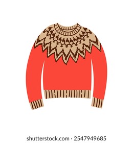 Warm sweater for autumn or winter design . Knitted woolen sweater. Cold season. Vector illustration in flat style isolate on white . Doodle cartoon illustration cozy winter elements.