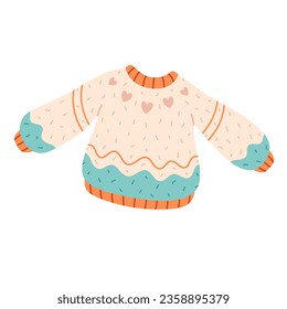 Warm sweater for autumn or winter. Knitted woolen sweater. Cold season. Vector illustration in flat style