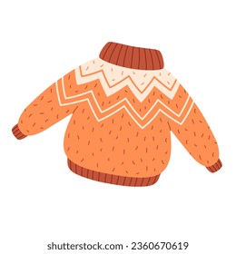 Warm sweater for autumn or winter. Knitted woolen sweater. Cold season. Vector illustration in flat style