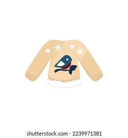 Warm sweater with bird on white background