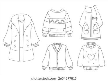 Warm sweater coat collection set in black line style illustration. Vector hand drawn cartoon of autumn and winter outfit for coloring book, fashion, model, sticker, asset, design, element
