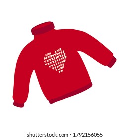Warm sweater with a Heart pattern. Item of winter and autumn clothing. Red jacket. A simple, cute hand-drawn drawing. Hygge, a cozy home, comfort. Isolated on white. Color vector illustration.Doodle