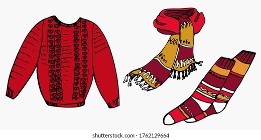 Warm sweater, knitted dwarf, woolen socks. Clothes for the cold. Sale