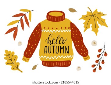 Warm sweater with lettering Hello autumn. warm clothes, maple, autumn leaf fall, berries and acorn. Fall and warm clothes