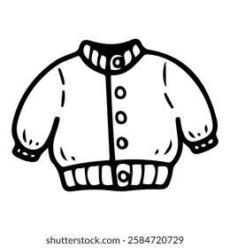 Warm sweater long sleeve baby. Hand drawn doodle. Jacket with buttons. Newborn wardrobe. Cotton fabric clothes for little child. Childhood. Vector line art illustration.