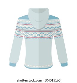 Warm sweater with turn-over collar and ornaments Elegant blue unisex wear flat vector isolated on white background. Clothing for autumn and winter seasons cold weather. For store ad, fashion concept