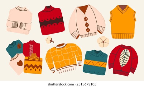 Warm sweaters, jumpers, pullovers set. Cozy hand-drawn vector clothes.