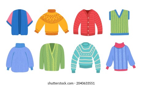 Warm sweaters. Winter clothes, knitted sweater and cardigan. Holiday cloth vector collection