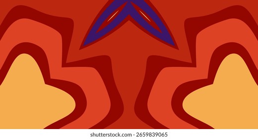 Padrão abstrato simétrico e quente, apresentando estrelas em camadas como formas em tons vermelhos, laranja, amarelos e roxos.