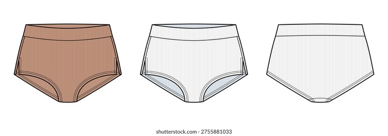 warm tan High Waist Brief with High Cut Leg Technical Fashion Illustration. Women’s Ribbed Underwear Panty with Side Cut Detail Vector Template. Front and Back Views CAD Mockup set.