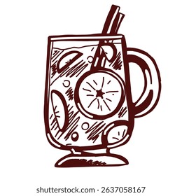 A warm tea drink with apples and oranges, perfect for autumn. Cozy seasonal beverage illustration. Hand-drawn sketch vector in black and white.