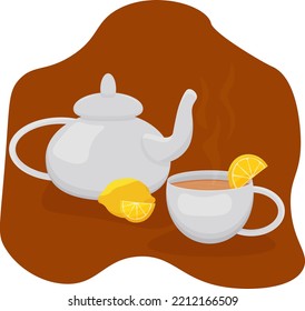 Cálida tetera con té y una taza con una bebida caliente y limón.  Hora del té. Una bebida caliente de otoño o invierno. Ilustración vectorial plana de color.