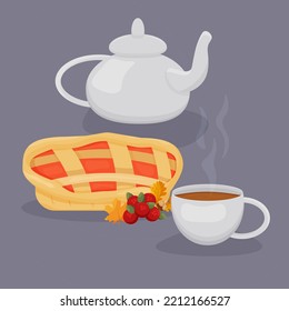 Warm teapot with tea and a cup with a hot drink, homemade cake.  Tea time. Autumn still life. Color flat vector illustration.