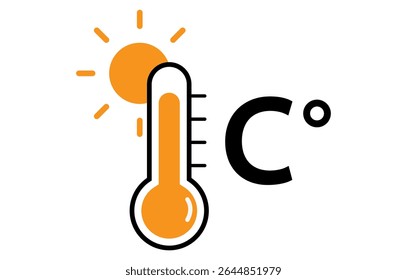 Icono caliente de la temperatura con el sol y el icono del celsius aislados en un fondo blanco